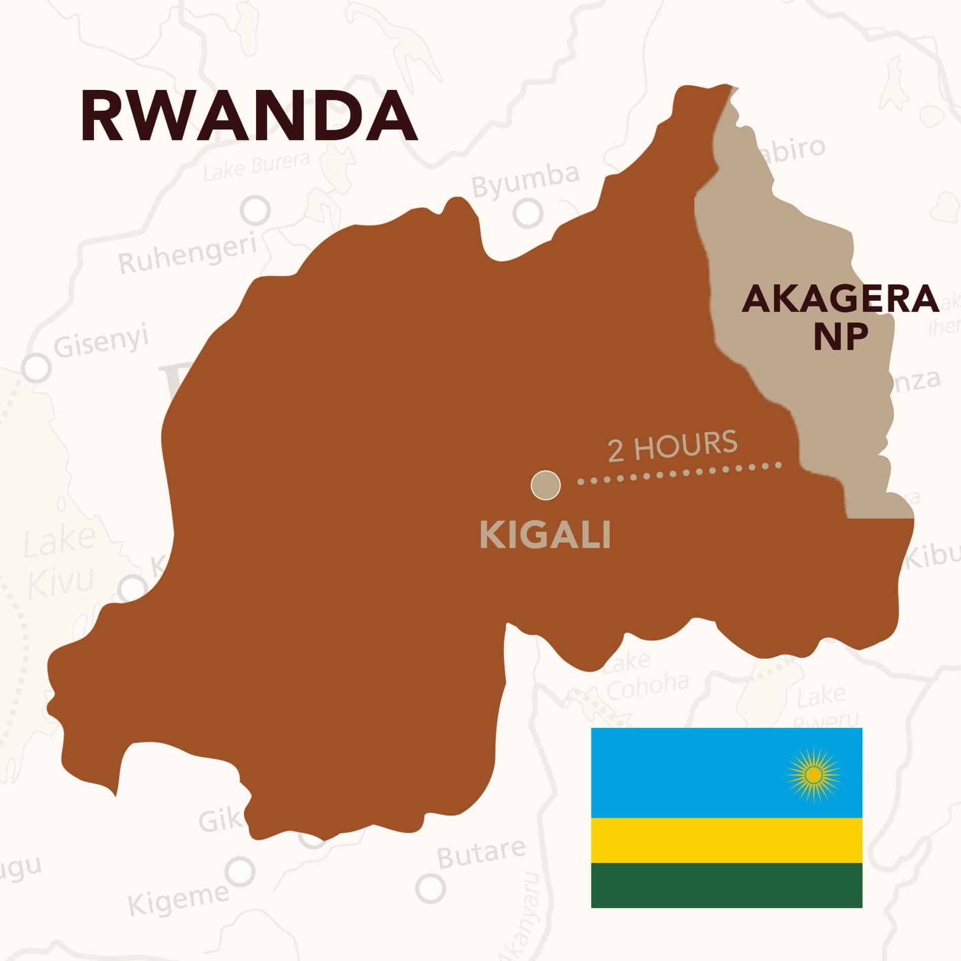 Map highlighting Kigali and Akagera National Park Rwanda