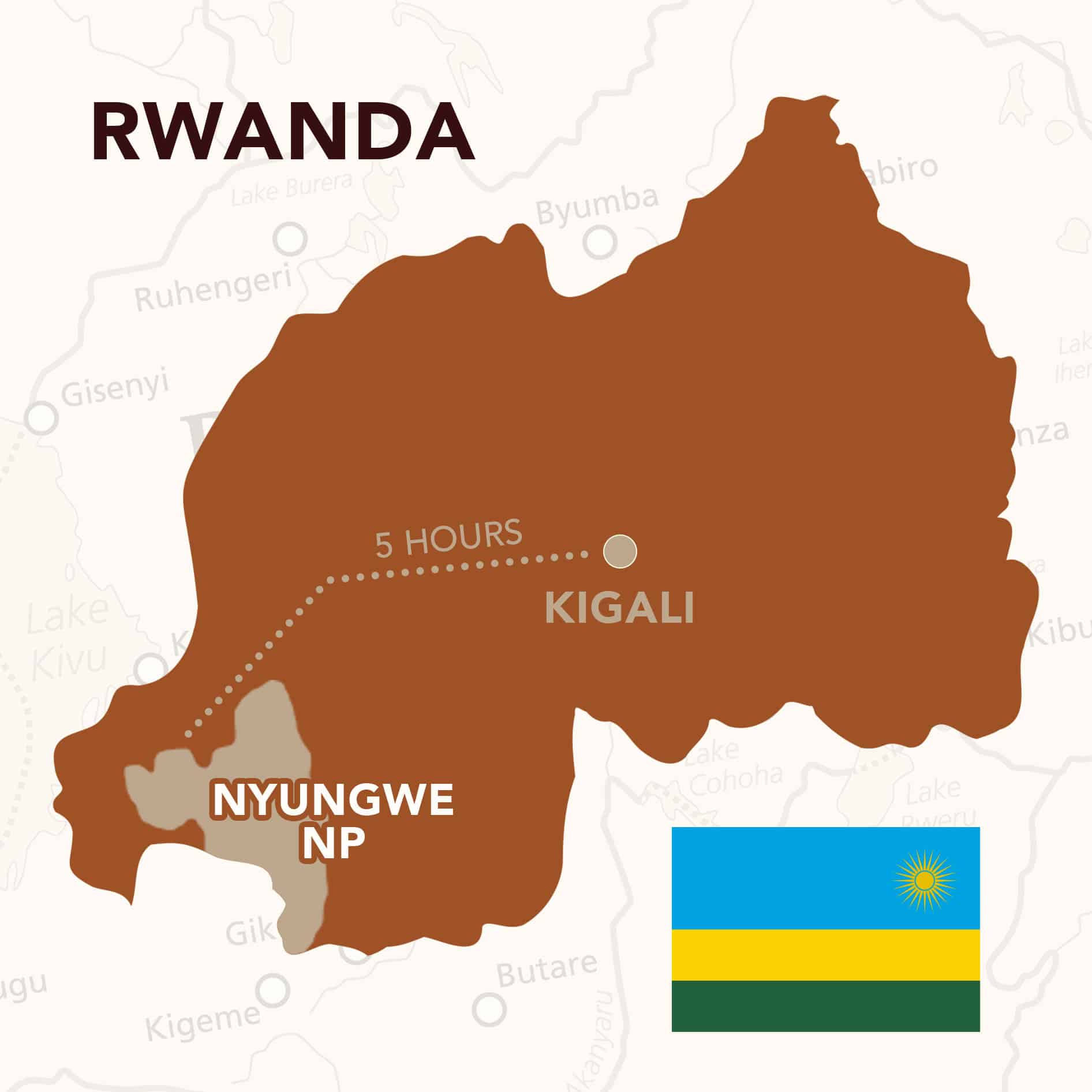 Map showing Kigali to Nyungwe National Park in Rwanda.