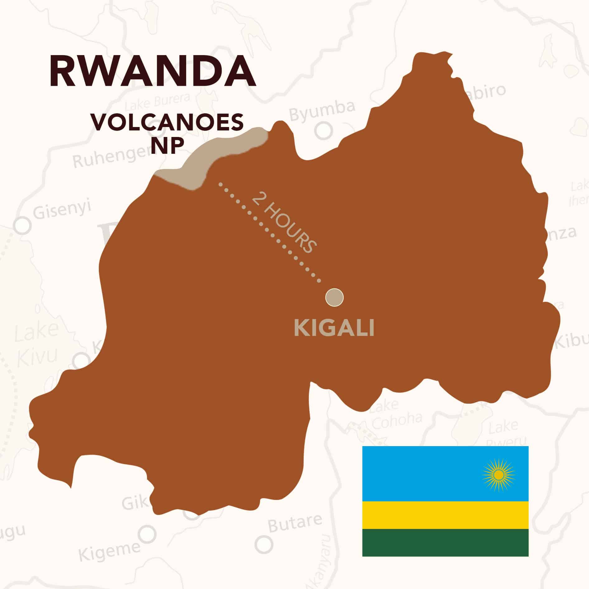 Map showing route from Kigali to Volcanoes National Park Rwanda