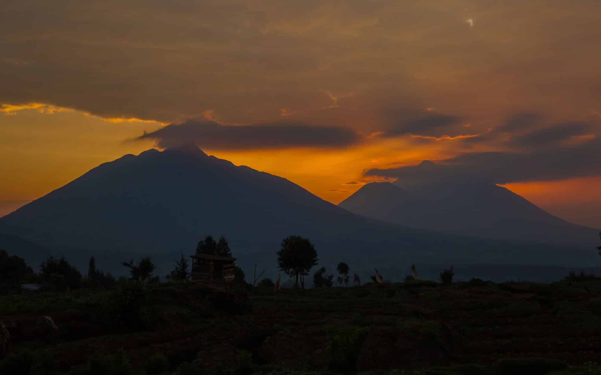 Virunga volcanoes silhouetted against a sunset sky