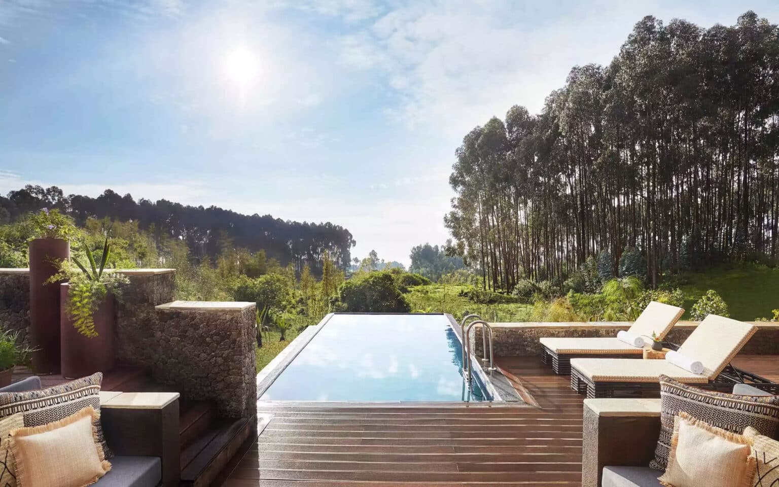 Luxury infinity pool with lounge chairs and scenic forest view